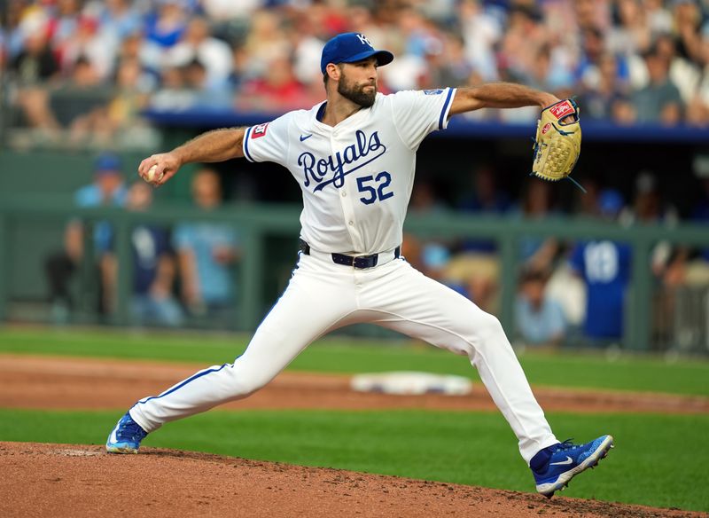 Aug 10, 2024; Kansas City, Missouri, USA; Kansas City Royals starting pitcher Michael Wacha (52) pitches during the second inning against the St. Louis Cardinals at Kauffman Stadium. Mandatory Credit: Jay Biggerstaff-USA TODAY Sports