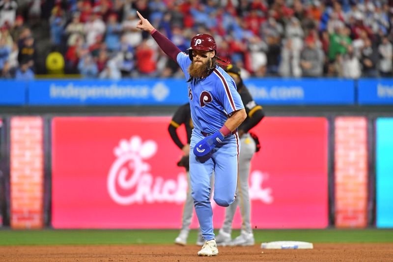 Apr 11, 2024; Philadelphia, Pennsylvania, USA; Philadelphia Phillies outfielder Brandon Marsh (16) celebrates his home run against the Pittsburgh Pirates during the seventh inning at Citizens Bank Park. Mandatory Credit: Eric Hartline-USA TODAY Sports