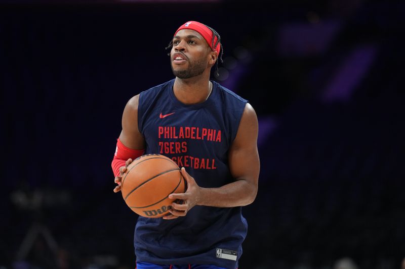 PHILADELPHIA, PA - FEBRUARY 9:  Buddy Hield #17 of the Philadelphia 76ers warms up before the game against the Atlanta Hawks on February 9, 2024 at the Wells Fargo Center in Philadelphia, Pennsylvania NOTE TO USER: User expressly acknowledges and agrees that, by downloading and/or using this Photograph, user is consenting to the terms and conditions of the Getty Images License Agreement. Mandatory Copyright Notice: Copyright 2024 NBAE (Photo by Jesse D. Garrabrant/NBAE via Getty Images)