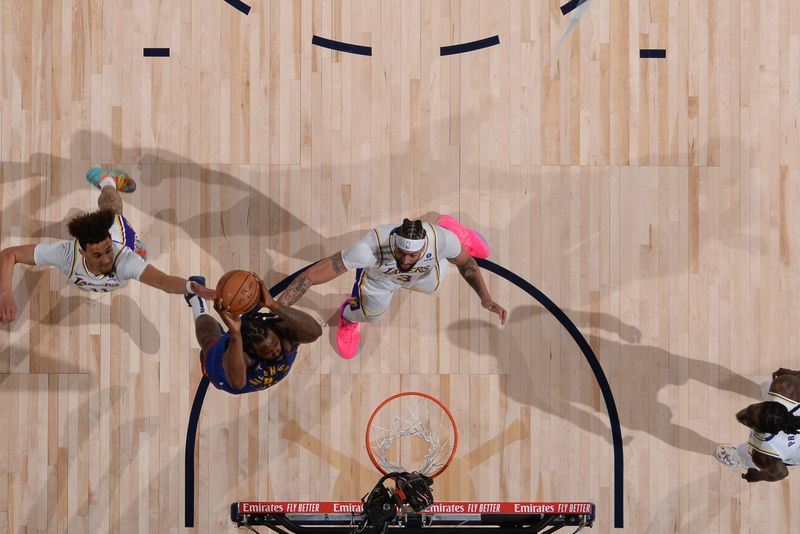 DENVER, CO - APRIL 20: DeAndre Jordan #6 of the Denver Nuggets dunks the ball during the game against the Los Angeles Lakers during Round 1 Game 1 of the 2024 NBA Playoffs on April 20, 2024 at the Ball Arena in Denver, Colorado. NOTE TO USER: User expressly acknowledges and agrees that, by downloading and/or using this Photograph, user is consenting to the terms and conditions of the Getty Images License Agreement. Mandatory Copyright Notice: Copyright 2024 NBAE (Photo by Garrett Ellwood/NBAE via Getty Images)