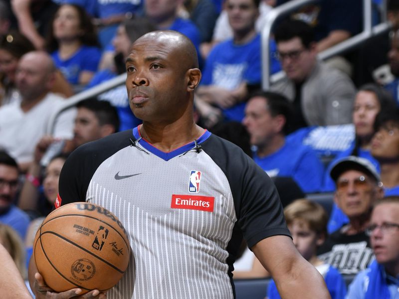 ORLANDO, FL - APRIL 27:  Referee Courtney Kirkland #61 looks on during the game between the Cleveland Cavaliers and the Orlando Magic during Round 1 Game 4 of the 2024 NBA Playoffs on April 27, 2024 at the Kia Center in Orlando, Florida. NOTE TO USER: User expressly acknowledges and agrees that, by downloading and or using this photograph, User is consenting to the terms and conditions of the Getty Images License Agreement. Mandatory Copyright Notice: Copyright 2024 NBAE (Photo by Fernando Medina/NBAE via Getty Images)