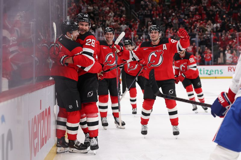 Nov 6, 2025; Newark, New Jersey, USA; New Jersey Devils left wing Jesper Bratt (63) celebrates his game winning goal in overtime against the Montreal Canadiens at Prudential Center. Mandatory Credit: Ed Mulholland-Imagn Images