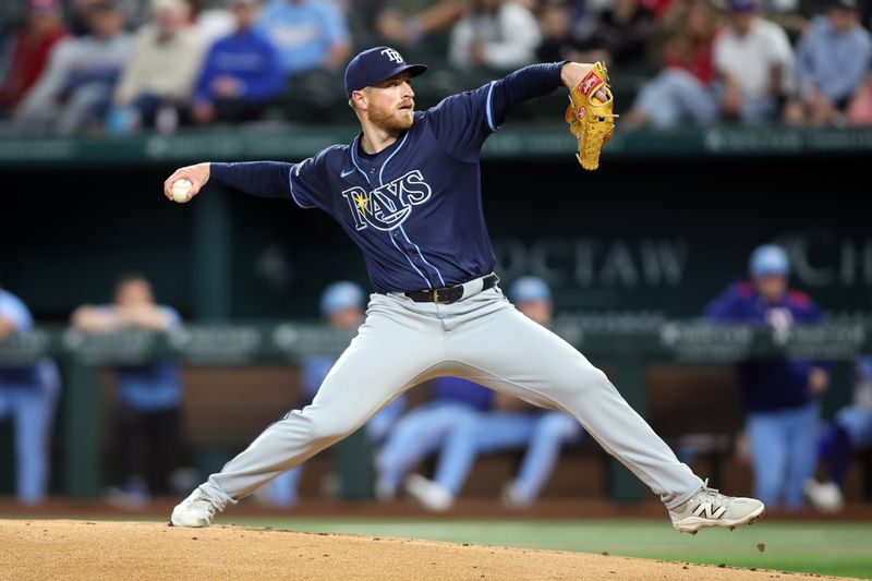 Apr 6, 2025; Arlington, Texas, USA; Tampa Bay Rays pitcher Drew Rasmussen (57) throws a pitch during the first inning against the Texas Rangers at Globe Life Field. Mandatory Credit: Tim Heitman-Imagn Images