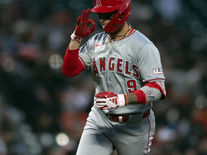 Jun 14, 2024; San Francisco, California, USA; Los Angeles Angels shortstop Zach Neto (9) runs out his two-run home run against the San Francisco Giants during the fourth inning at Oracle Park. Mandatory Credit: D. Ross Cameron-USA TODAY Sports