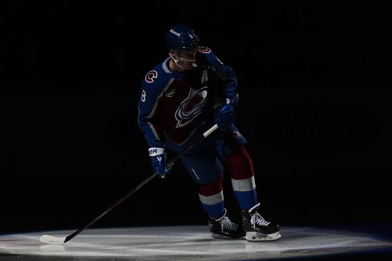 Oct 18, 2024; Denver, Colorado, USA; Colorado Avalanche defenseman Cale Makar (8) before the start of the first period against the Anaheim Ducks at Ball Arena. Mandatory Credit: Ron Chenoy-Imagn Images