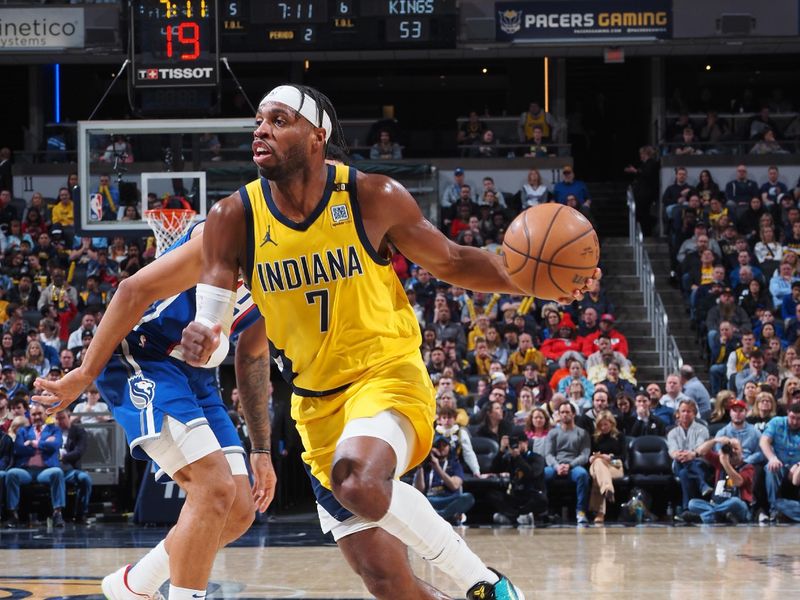 INDIANAPOLIS, IN - FEBRUARY 2: Buddy Heild #7 of the Indiana Pacers drives to the basket during the game against the Sacramento Kings on February 2, 2024 at Gainbridge Fieldhouse in Indianapolis, Indiana. NOTE TO USER: User expressly acknowledges and agrees that, by downloading and or using this Photograph, user is consenting to the terms and conditions of the Getty Images License Agreement. Mandatory Copyright Notice: Copyright 2024 NBAE (Photo by Ron Hoskins/NBAE via Getty Images)