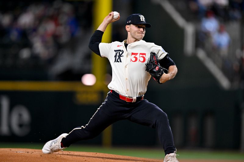 May 2, 2025; Arlington, Texas, USA; Texas Rangers starting pitcher Jack Leiter (35) pitches against the Seattle Mariners during the first inning at Globe Life Field. Mandatory Credit: Jerome Miron-Imagn Images