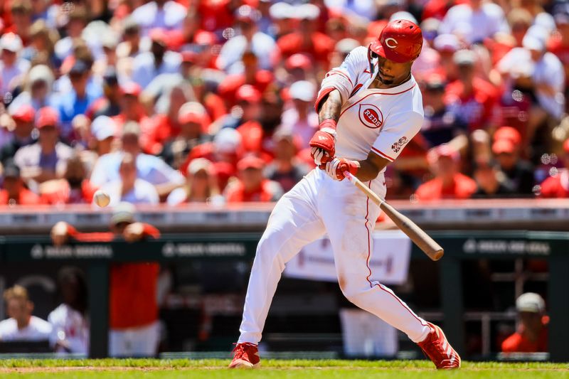 May 18, 2025; Cincinnati, Ohio, USA; Cincinnati Reds outfielder Will Benson (30) hits a two-run home run in the fourth inning against the Cleveland Guardians at Great American Ball Park. Mandatory Credit: Katie Stratman-Imagn Images