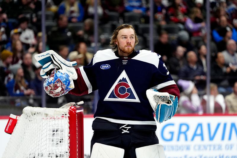 Jan 20, 2025; Denver, Colorado, USA; Colorado Avalanche goaltender Mackenzie Blackwood (39) during the first period against the Minnesota Wild at Ball Arena. Mandatory Credit: Ron Chenoy-Imagn Images