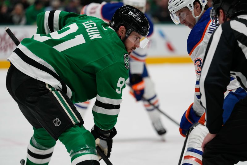 Feb 17, 2024; Dallas, Texas, USA; Dallas Stars center Tyler Seguin (91) waits for the face-off against the Edmonton Oilers during the first period at American Airlines Center. Mandatory Credit: Chris Jones-USA TODAY Sports