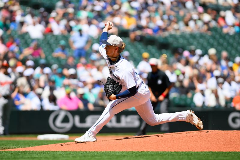 Jul 4, 2024; Seattle, Washington, USA; Seattle Mariners starting pitcher Bryce Miller (50) pitches to the Baltimore Orioles during the first inning at T-Mobile Park. Mandatory Credit: Steven Bisig-USA TODAY Sports