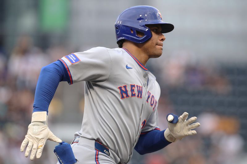 Jun 27, 2025; Pittsburgh, Pennsylvania, USA;  New York Mets right fielder Juan Soto (22) circles the bases on a solo home run against the Pittsburgh Pirates during the fourth inning at PNC Park. Mandatory Credit: Charles LeClaire-Imagn Images