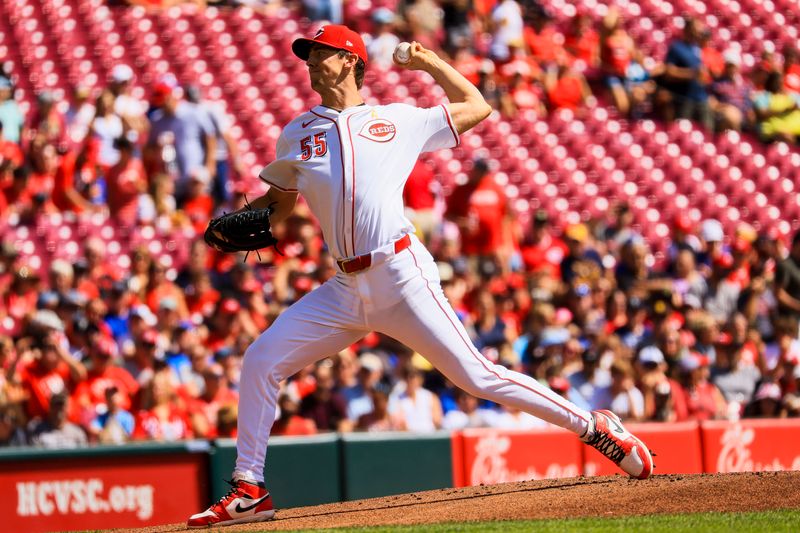 Sep 1, 2024; Cincinnati, Ohio, USA; Cincinnati Reds starting pitcher Brandon Williamson (55) pitches against the Milwaukee Brewers in the first inning at Great American Ball Park. Mandatory Credit: Katie Stratman-USA TODAY Sports