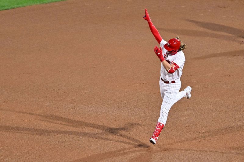 Oct 24, 2023; Philadelphia, Pennsylvania, USA; Philadelphia Phillies first baseman Alec Bohm (28) react after hitting anomie run against the Arizona Diamondbacks in the second inning during game seven of the NLCS for the 2023 MLB playoffs at Citizens Bank Park. Mandatory Credit: Kyle Ross-USA TODAY Sports