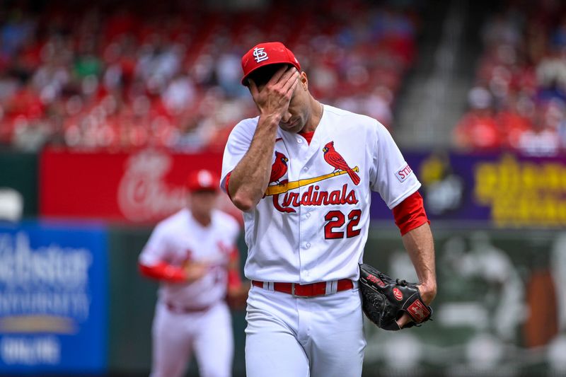 May 4, 2023; St. Louis, Missouri, USA;  St. Louis Cardinals starting pitcher Jack Flaherty (22) reacts as he walks off the field after the second inning against the Los Angeles Angels at Busch Stadium. Mandatory Credit: Jeff Curry-USA TODAY Sports