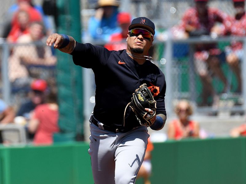 Mar 22, 2022; Clearwater, Florida, USA; Detroit Tigers shortstop Javier Baez (28) throws to first base in the first inning of the game against the Philadelphia Phillies during spring training at BayCare Ballpark. Mandatory Credit: Jonathan Dyer-USA TODAY Sports