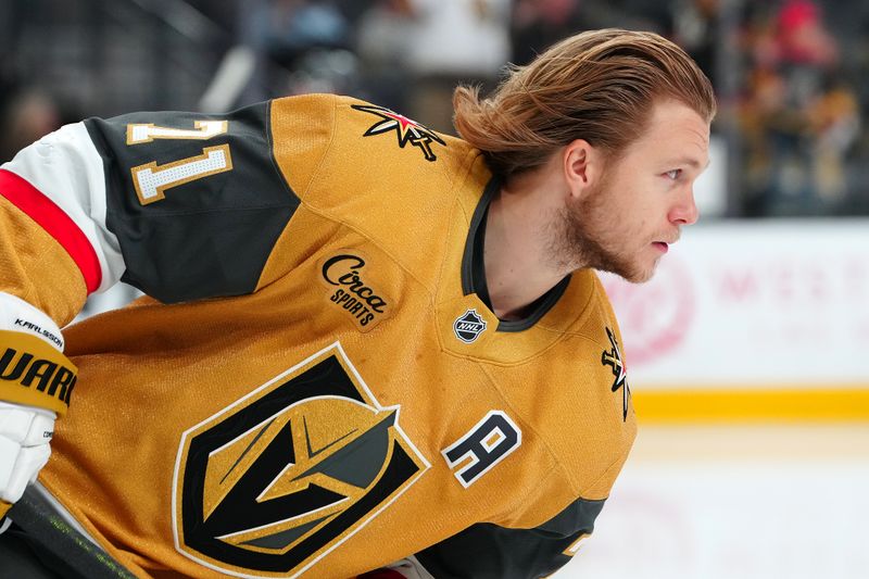 Oct 26, 2024; Las Vegas, Nevada, USA; Vegas Golden Knights center William Karlsson (71) warms up before a game against the San Jose Sharks at T-Mobile Arena. Mandatory Credit: Stephen R. Sylvanie-Imagn Images