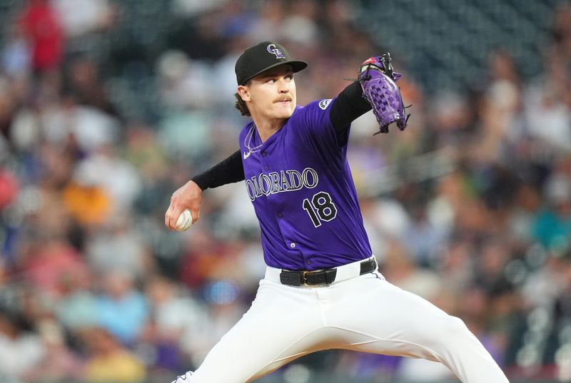 Aug 26, 2024; Denver, Colorado, USA; Colorado Rockies starting pitcher Ryan Feltner (18) delivers a pitch in the fourth inning against the Miami Marlins at Coors Field. Mandatory Credit: Ron Chenoy-USA TODAY Sports