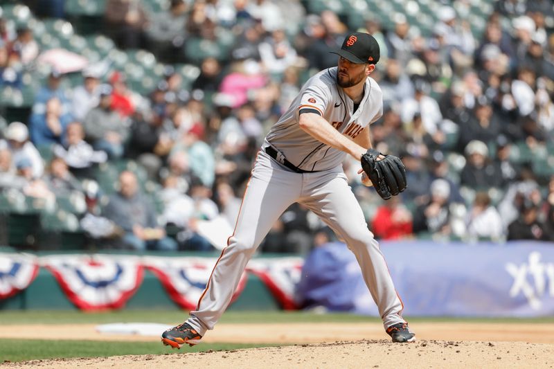 Apr 6, 2023; Chicago, Illinois, USA; San Francisco Giants starting pitcher Alex Wood (57) delivers against the Chicago White Sox during the first inning at Guaranteed Rate Field. Mandatory Credit: Kamil Krzaczynski-USA TODAY Sports