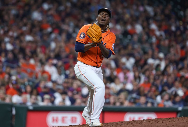 Apr 30, 2023; Houston, Texas, USA; Houston Astros relief pitcher Rafael Montero (47) reacts after getting a strikeout during the seventh inning against the Philadelphia Phillies at Minute Maid Park. Mandatory Credit: Troy Taormina-USA TODAY Sports