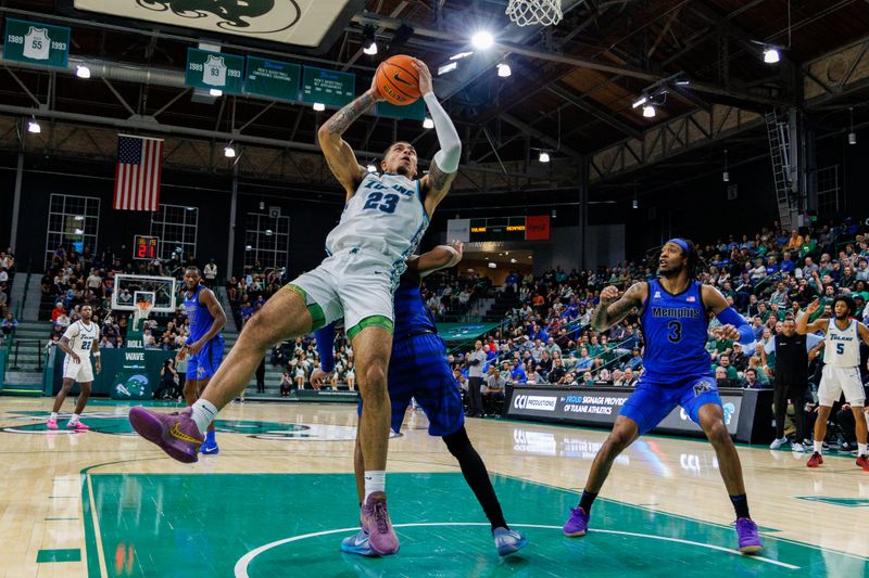 Jan 30, 2025; New Orleans, Louisiana, USA;  Tulane Green Wave center Percy Daniels (23) shoots a fade-away shot against the Memphis Tigers during the second half at Avron B. Fogelman Arena in Devlin Fieldhouse. Mandatory Credit: Stephen Lew-Imagn Images