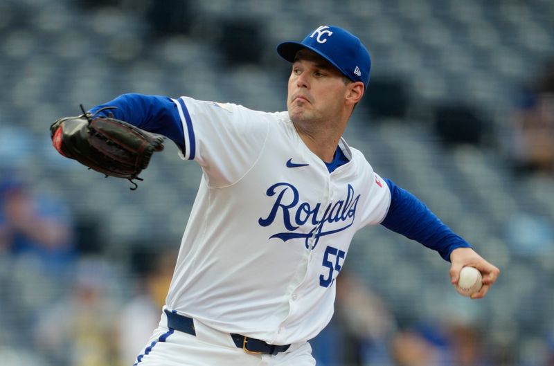 May 6, 2024; Kansas City, Missouri, USA; Kansas City Royals pitcher Cole Ragans (55) pitches during the first inning against the Milwaukee Brewers at Kauffman Stadium. Mandatory Credit: Jay Biggerstaff-USA TODAY Sports