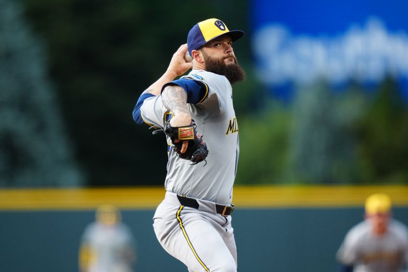 Jul 2, 2024; Denver, Colorado, USA; Milwaukee Brewers pitcher Dallas Keuchel (60) delivers a pitch in the first inning against the Colorado Rockies at Coors Field. Mandatory Credit: Ron Chenoy-USA TODAY Sports