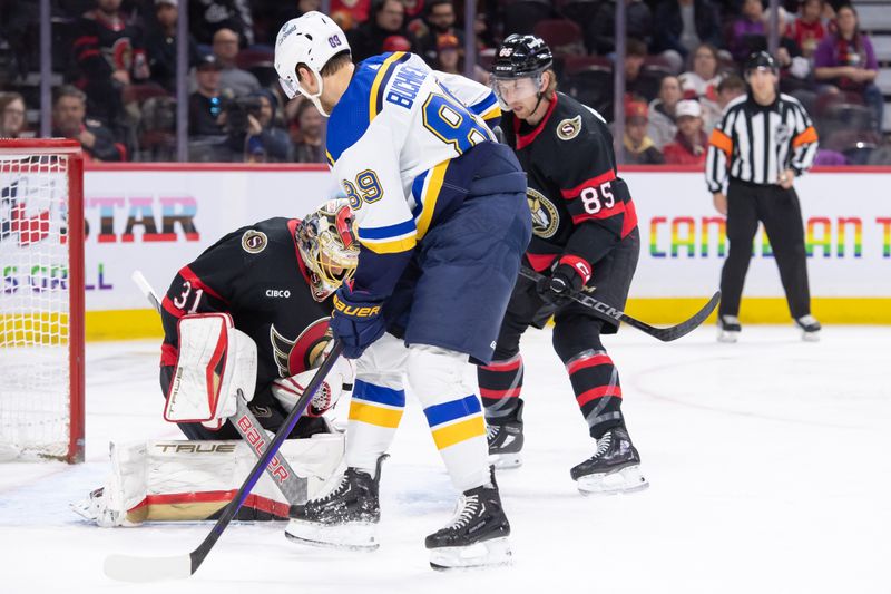 Mar 21, 2024; Ottawa, Ontario, CAN; Ottawa Senators goalie Anton Forsberg (31) makes a save in front of St. Louis Blues left wing Pavel Buchnevich (89) in the second period at the Canadian Tire Centre. Mandatory Credit: Marc DesRosiers-USA TODAY Sports