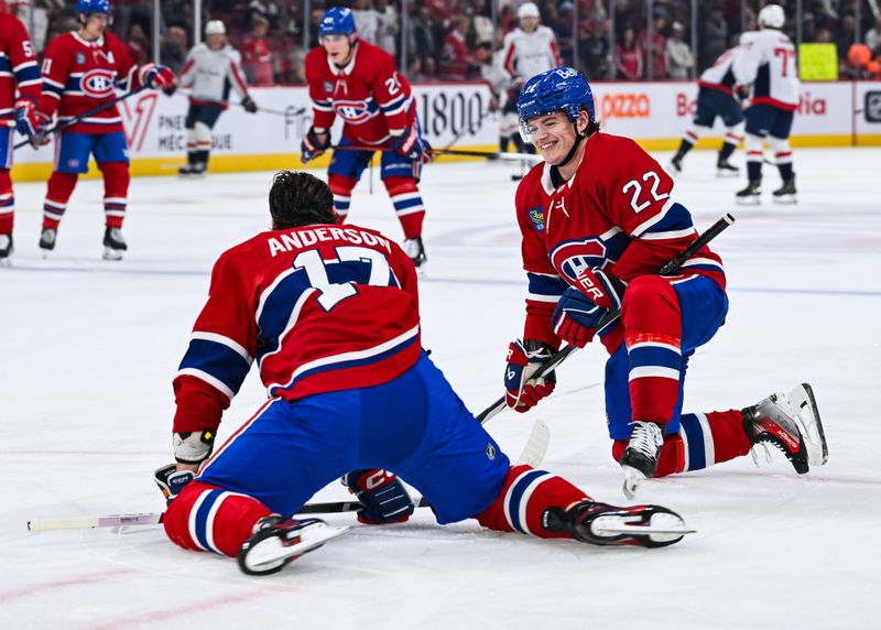 Oct 21, 2023; Montreal, Quebec, CAN; Montreal Canadiens right wing Cole Caufield (22) has a laugh with Montreal Canadiens right wing Josh Anderson (17) during warm-up before the game against the Washington Capitals at Bell Centre. Mandatory Credit: David Kirouac-USA TODAY Sports