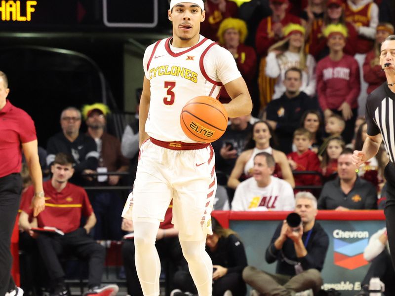 Feb 17, 2024; Ames, Iowa, USA; Iowa State Cyclones guard Tamin Lipsey (3) brings the ball up court against the Texas Tech Red Raiders during the second half at James H. Hilton Coliseum. Mandatory Credit: Reese Strickland-USA TODAY Sports