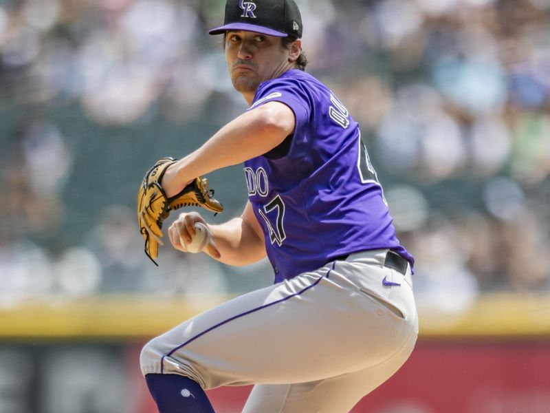 Jun 29, 2024; Chicago, Illinois, USA; Colorado Rockies starting pitcher Cal Quantrill (47) pitches during the first inning against the Chicago White Sox at Guaranteed Rate Field. Mandatory Credit: Patrick Gorski-USA TODAY Sports