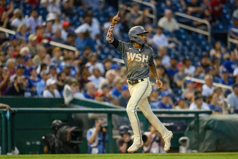 Sep 8, 2023; Washington, District of Columbia, USA; Washington Nationals shortstop CJ Abrams (5) scores a run during the first inning against the Los Angeles Dodgers at Nationals Park. Mandatory Credit: Reggie Hildred-USA TODAY Sports