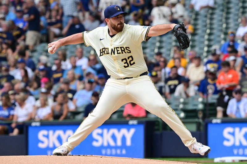 Jul 11, 2024; Milwaukee, Wisconsin, USA; Milwaukee Brewers starting pitcher Aaron Civale (32) pitches in the first inning against the Pittsburgh Pirates at American Family Field. Mandatory Credit: Benny Sieu-USA TODAY Sports