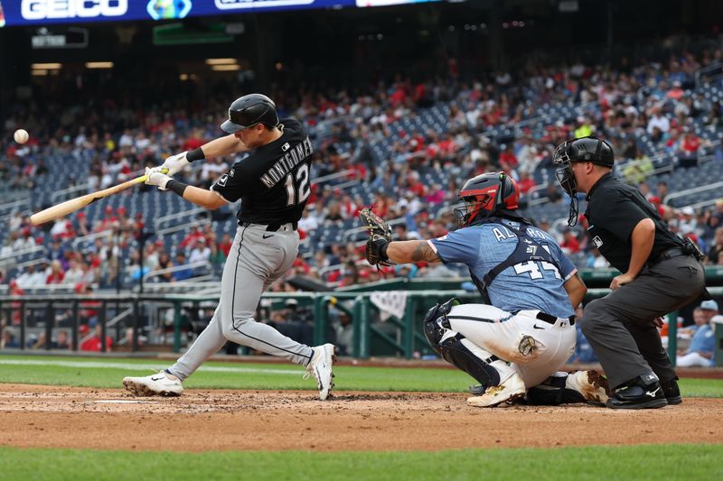 Sep 27, 2025; Washington, District of Columbia, USA; Chicago White Sox shortstop Colson Montgomery (12) hits a two run home run against the Washington Nationals during the fourth inning at Nationals Park. Mandatory Credit: Geoff Burke-Imagn Images