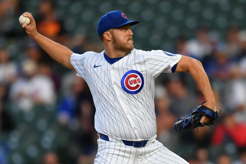 Aug 21, 2024; Chicago, Illinois, USA; Chicago Cubs starting pitcher Jameson Taillon (50) pitches during the first inning against the Detroit Tigers at Wrigley Field. Mandatory Credit: Patrick Gorski-USA TODAY Sports