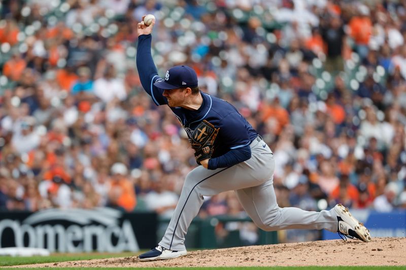 Sep 26, 2024; Detroit, Michigan, USA;  Tampa Bay Rays relief pitcher Hunter Bigge (43) pitches in the sixth inning against the Detroit Tigers at Comerica Park. Mandatory Credit: Rick Osentoski-Imagn Images