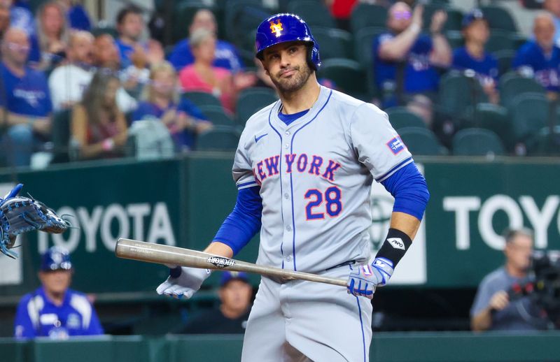 Jun 19, 2024; Arlington, Texas, USA; New York Mets designated hitter J.D. Martinez (28) reacts after striking out during the first inning against the Texas Rangers at Globe Life Field. Mandatory Credit: Kevin Jairaj-USA TODAY Sports