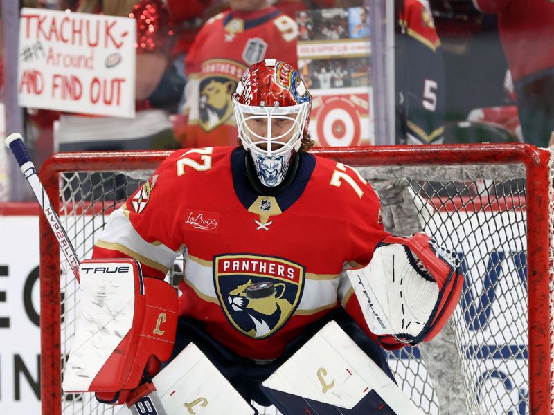 May 11, 2025; Sunrise, Florida, USA; Florida Panthers goaltender Sergei Bobrovsky (72) warms up against the Toronto Maple Leafs before game four of the second round of the 2025 Stanley Cup Playoffs at Amerant Bank Arena. Mandatory Credit: Kim Klement Neitzel-Imagn Images