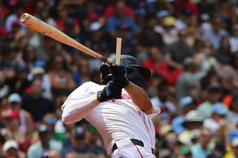 Jul 14, 2024; Boston, Massachusetts, USA;  Boston Red Sox second baseman David Hamilton (70) hits a broken bat single during the sixth inning against the Kansas City Royals at Fenway Park. Mandatory Credit: Bob DeChiara-USA TODAY Sports