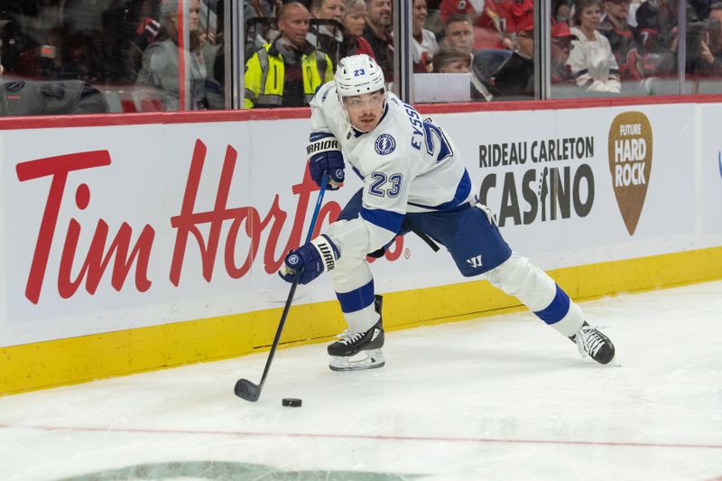 Nov 4, 2023; Ottawa, Ontario, CAN; Tampa Bay Lightning center Michael Eyssimont (23) skates with the puck in the second period against the Ottawa Senators at the Canadian Tire Centre. Mandatory Credit: Marc DesRosiers-USA TODAY Sports