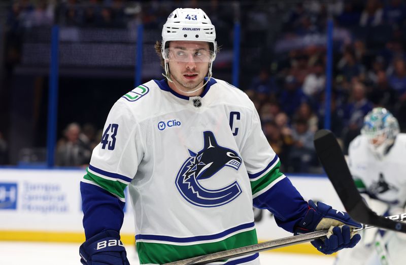 Oct 15, 2024; Tampa, Florida, USA; Vancouver Canucks defenseman Quinn Hughes (43) against the Tampa Bay Lightning during the third period at Amalie Arena. Mandatory Credit: Kim Klement Neitzel-Imagn Images