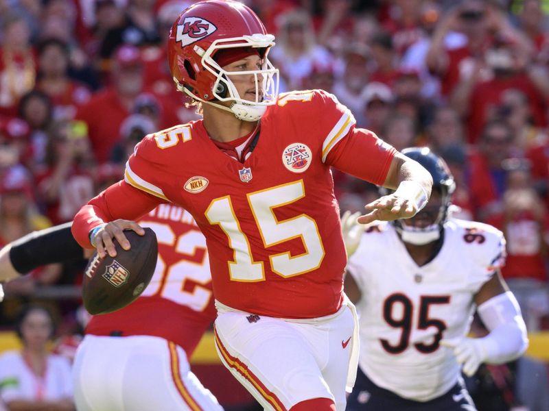 Kansas City Chiefs quarterback Patrick Mahomes throws against the Chicago Bears during the first half of an NFL football game, Sunday, Sept. 24, 2023 in Kansas City, Mo. (AP Photo/Reed Hoffmann)