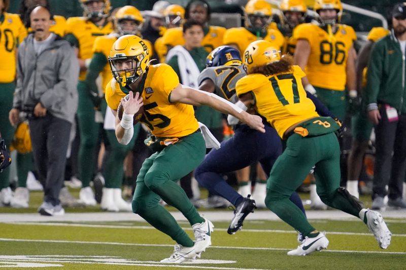 Nov 25, 2023; Waco, Texas, USA; Baylor Bears running back Dawson Pendergrass (35) carries the ball during the first half against the West Virginia Mountaineers at McLane Stadium. Mandatory Credit: Raymond Carlin III-USA TODAY Sports