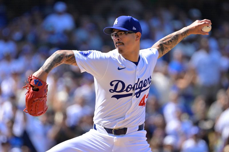 Aug 25, 2024; Los Angeles, California, USA;  Los Angeles Dodgers relief pitcher Anthony Banda (43) earns a save in the ninth inning against the Tampa Bay Rays at Dodger Stadium. Mandatory Credit: Jayne Kamin-Oncea-USA TODAY Sports