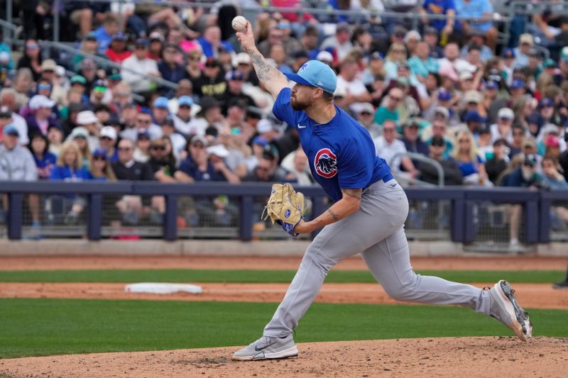 Mar 24, 2024; Peoria, Arizona, USA; Chicago Cubs pitcher Tyler Santana (41) throws against the Seattle Mariners in the third inning at Peoria Sports Complex. Mandatory Credit: Rick Scuteri-USA TODAY Sports