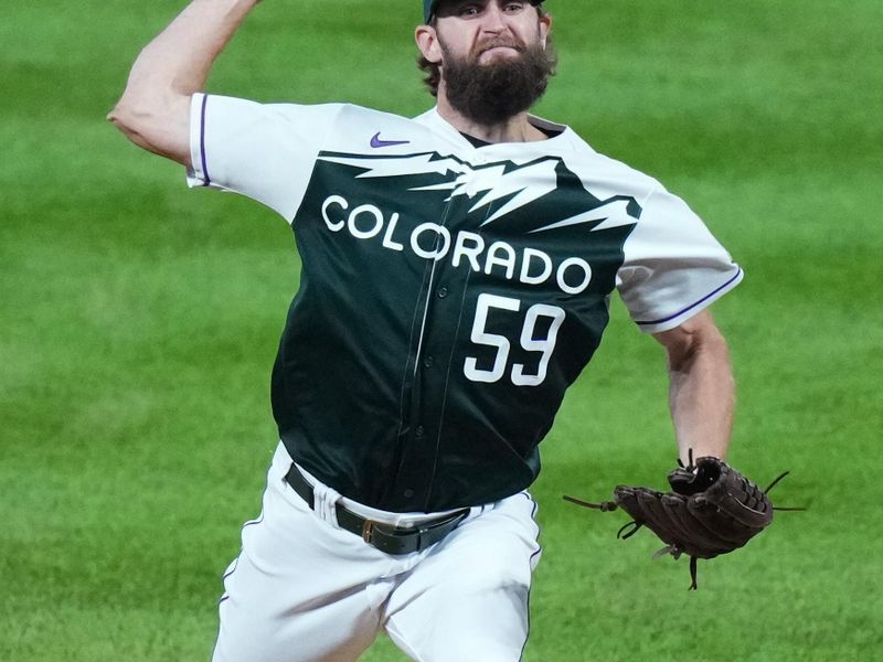 Aug 19, 2023; Denver, Colorado, USA; Colorado Rockies relief pitcher Jake Bird (59) delivers a pitch in the ninth inning against the Chicago White Sox at Coors Field. Mandatory Credit: Ron Chenoy-USA TODAY Sports