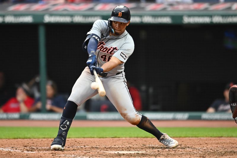 Jul 22, 2024; Cleveland, Ohio, USA; Detroit Tigers right fielder Wenceel Perez (46) hits a double during the sixth inning against the Cleveland Guardians at Progressive Field. Mandatory Credit: Ken Blaze-USA TODAY Sports