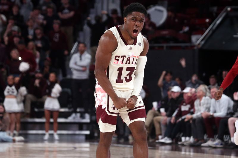 Feb 17, 2024; Starkville, Mississippi, USA; Mississippi State Bulldogs guard Josh Hubbard (13) reacts after a three point basket against the Arkansas Razorbacks during the second half at Humphrey Coliseum. Mandatory Credit: Petre Thomas-USA TODAY Sports