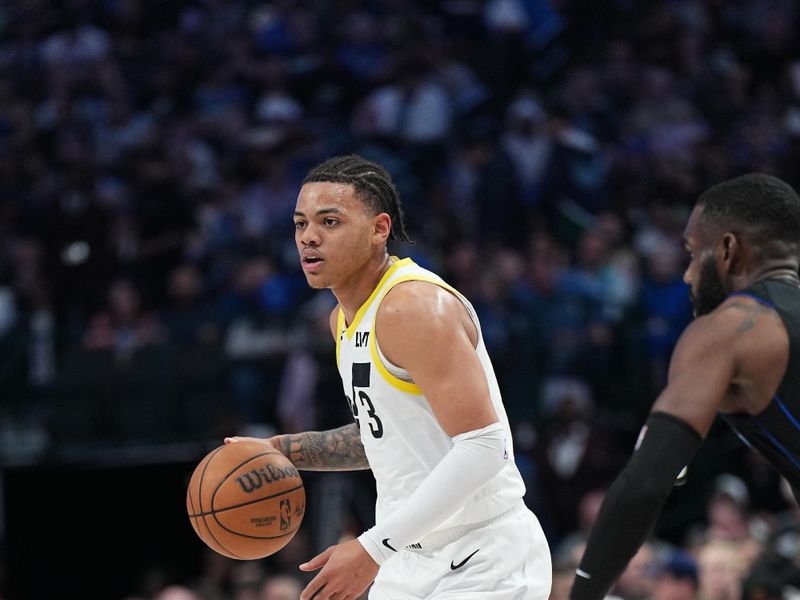 DALLAS, TX - MARCH 21: Keyonte George #3 of the Utah Jazz dribbles the ball during the game against the Dallas Mavericks on March 21, 2024 at the American Airlines Center in Dallas, Texas. NOTE TO USER: User expressly acknowledges and agrees that, by downloading and or using this photograph, User is consenting to the terms and conditions of the Getty Images License Agreement. Mandatory Copyright Notice: Copyright 2024 NBAE (Photo by Glenn James/NBAE via Getty Images)