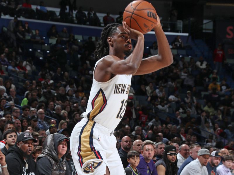 NEW ORLEANS, LA - FEBRUARY 25:  Antonio Reeves #12 of the New Orleans Pelicans shoots the ball during the game against the San Antonio Spurs on February 25, 2025 at the Smoothie King Center in New Orleans, Louisiana. NOTE TO USER: User expressly acknowledges and agrees that, by downloading and or using this Photograph, user is consenting to the terms and conditions of the Getty Images License Agreement. Mandatory Copyright Notice: Copyright 2025 NBAE (Photo by Layne Murdoch Jr./NBAE via Getty Images)